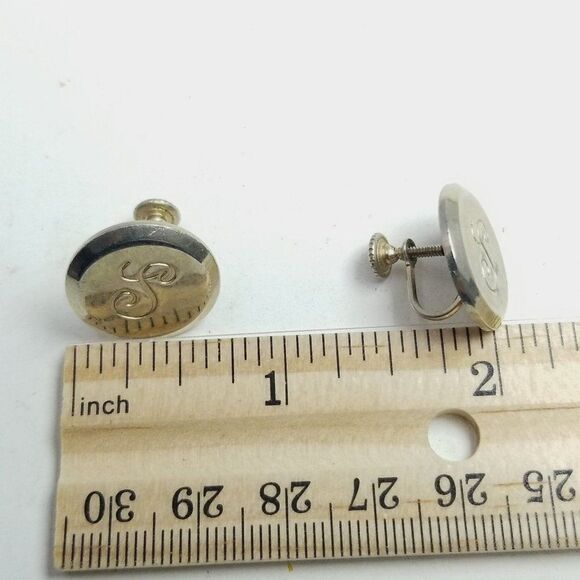 Vintage S Monogram Round Sivler Tone Clip On Earrings Silver Tone Initial Letter - Picture 4 of 6